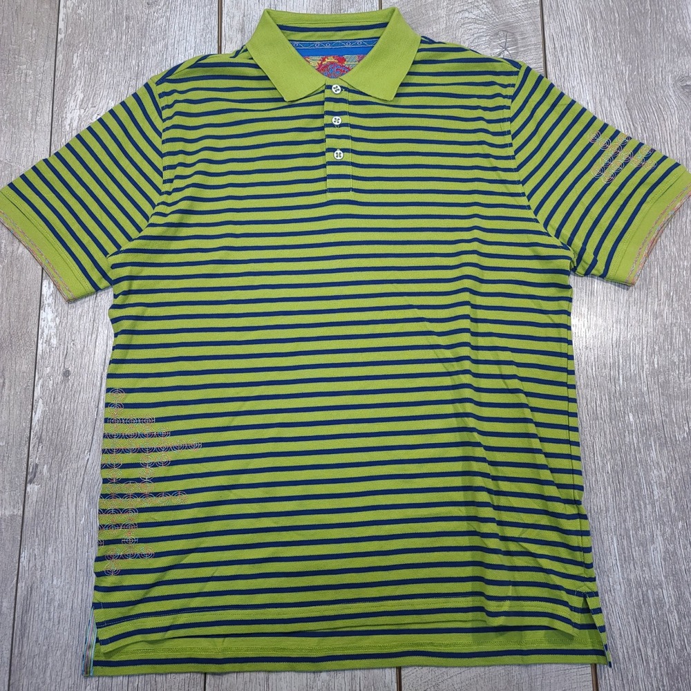 Robert Graham Polo Shirt Mens Medium Green Striped Embroidered Short Sleeve